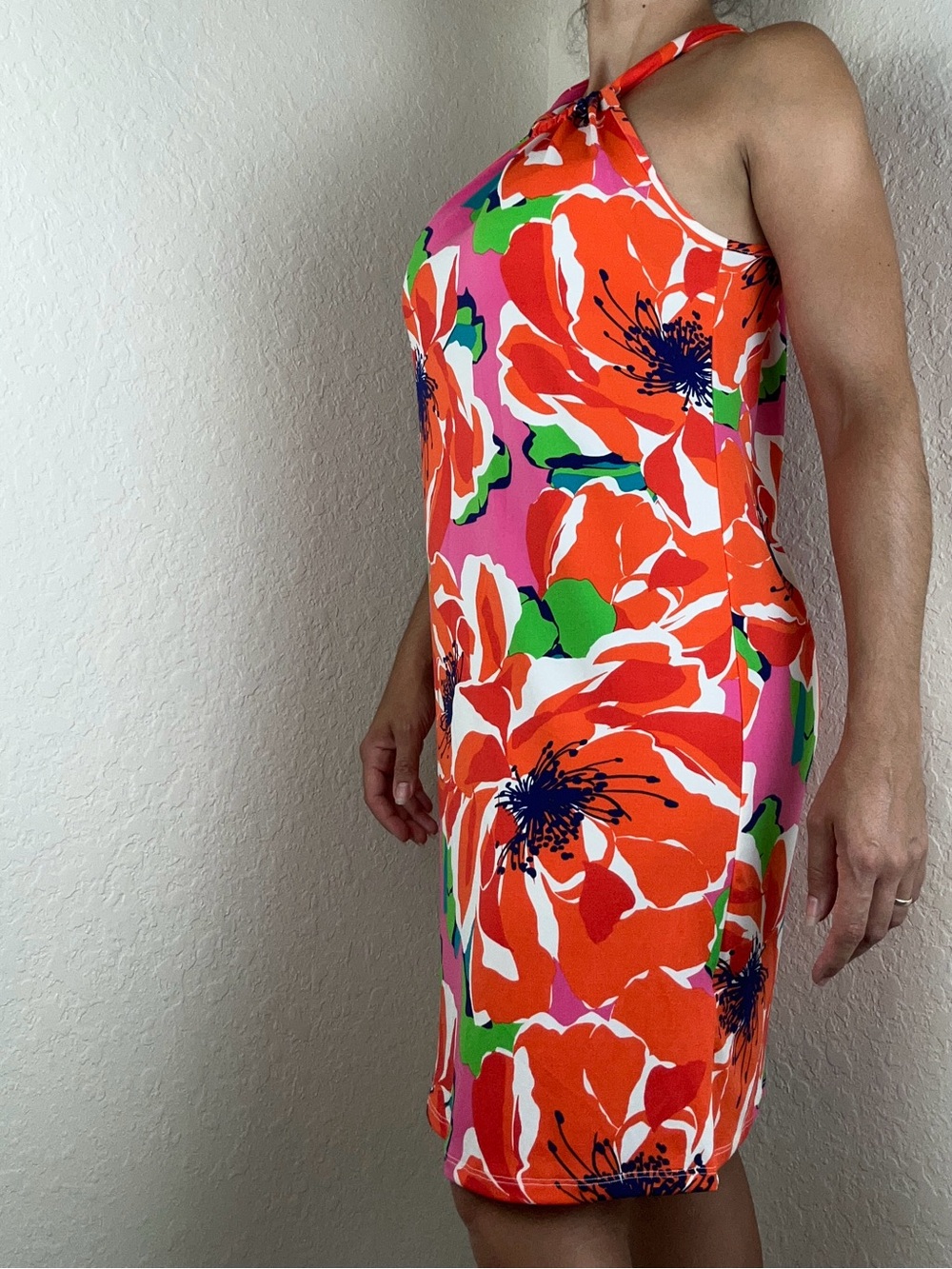 Trina Turk Juju Cover-Up Dress S Floral Halter Stretch Keyhole Back NEW orange - Picture 6 of 9